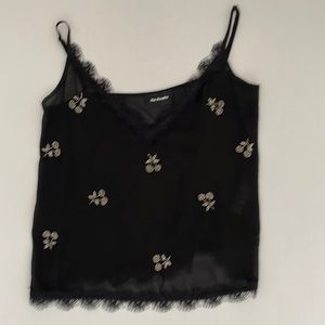 The Kooples black chiffon cami top w/ silver beaded cherry motif sz 1 lacey